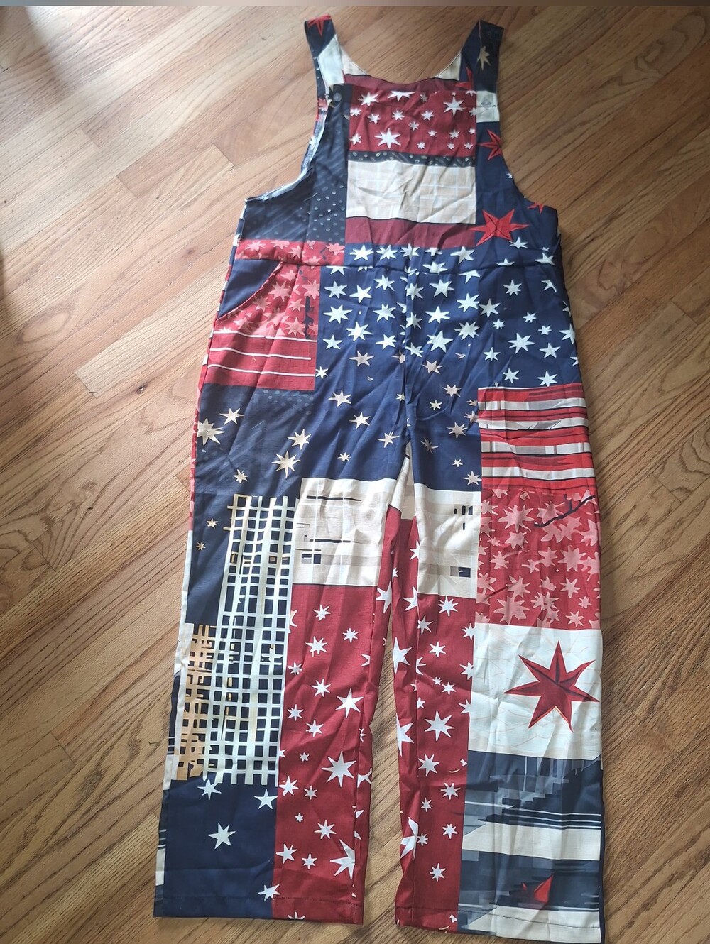 Americana Patchwork Overalls Patriotic Large Womens Polyester NWOT Lightweight